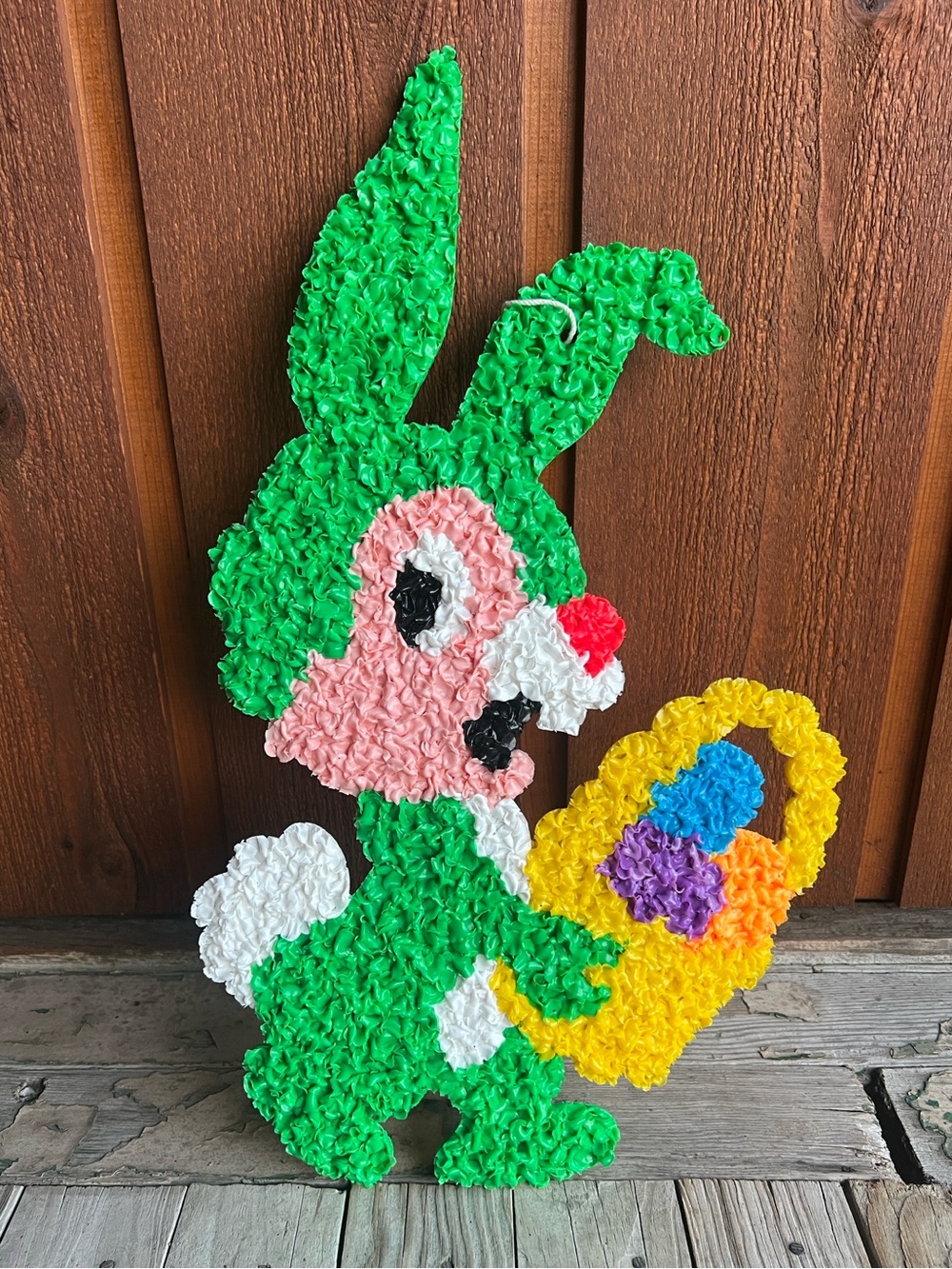 Vintage Melted Plastic Popcorn Easter Bunny Basket Eggs Wall Decor Retro